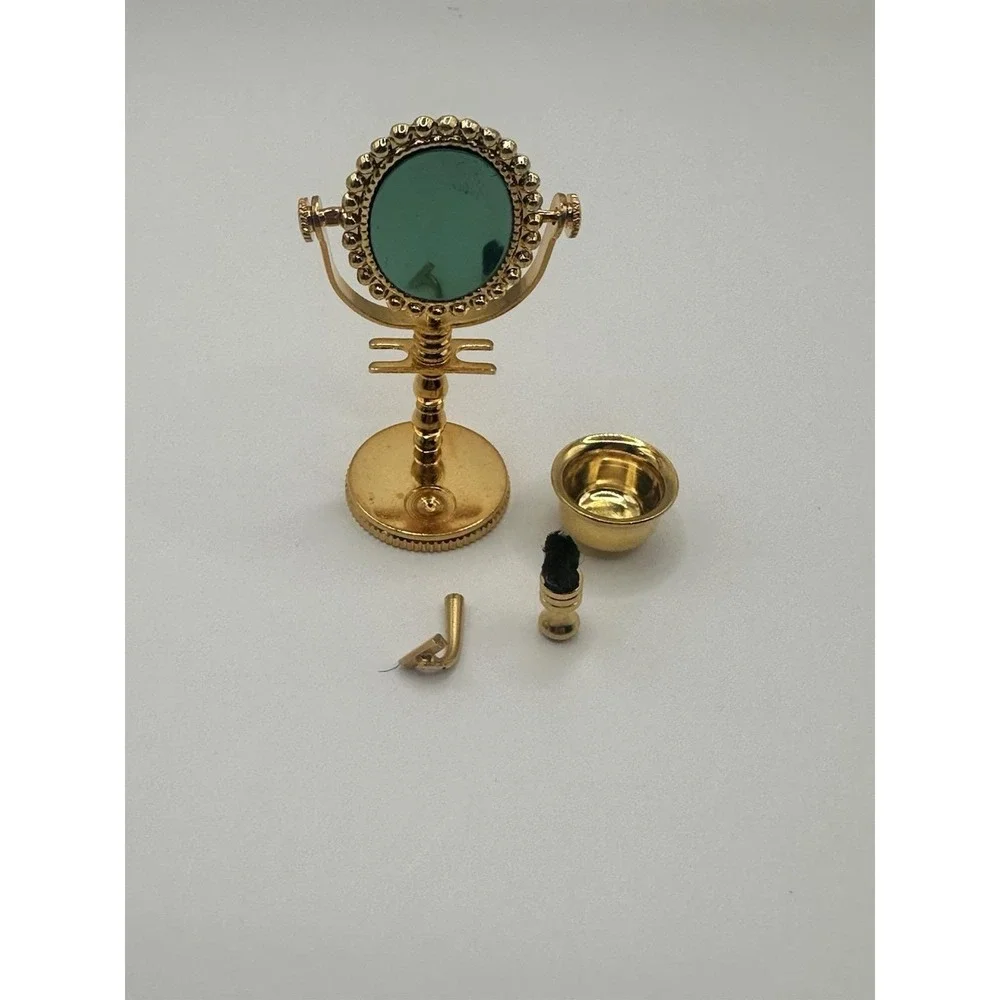 Rare Vintage Brass Miniature Dollhouse Shaving Set with Mirror & Razor